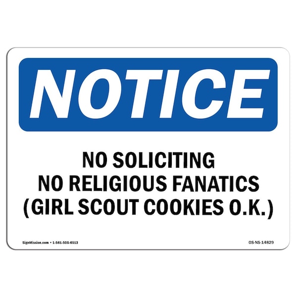 Signmission OSHA Notice Sign, 7" Height, 10" Width, No Soliciting No Religious Fanatics (Girl Sign, Landscape OS-NS-D-710-L-14829 - main